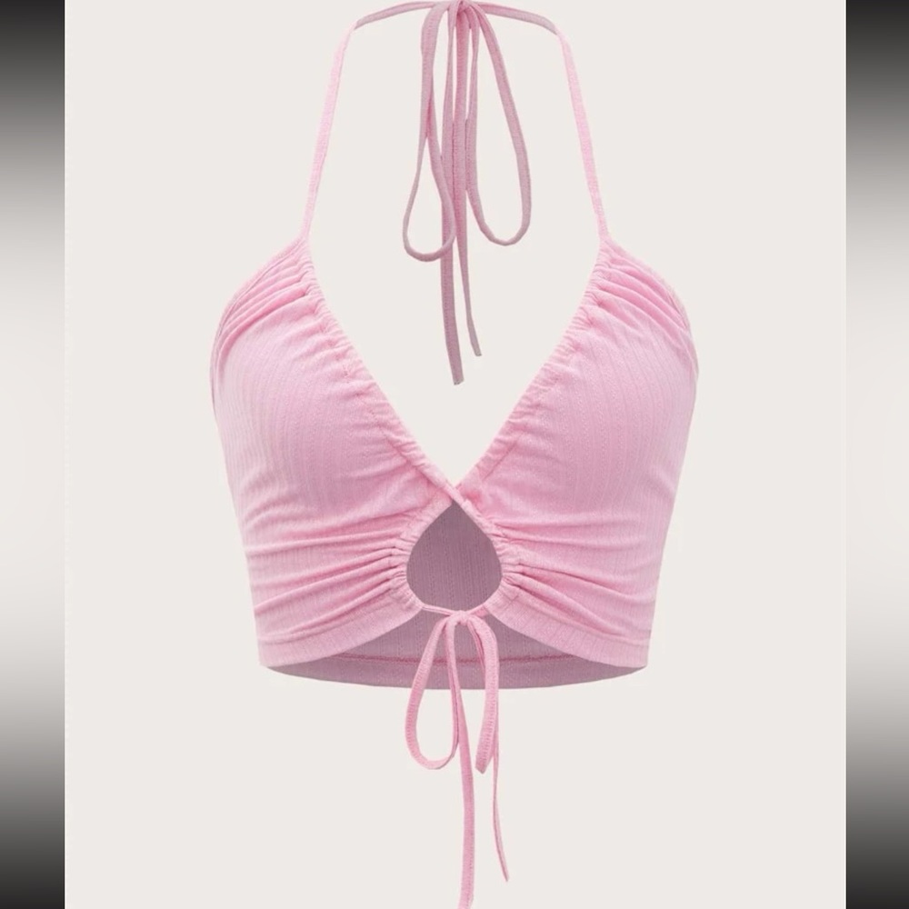 Cut Out Drawstring Tie Backless Crop Halter Top